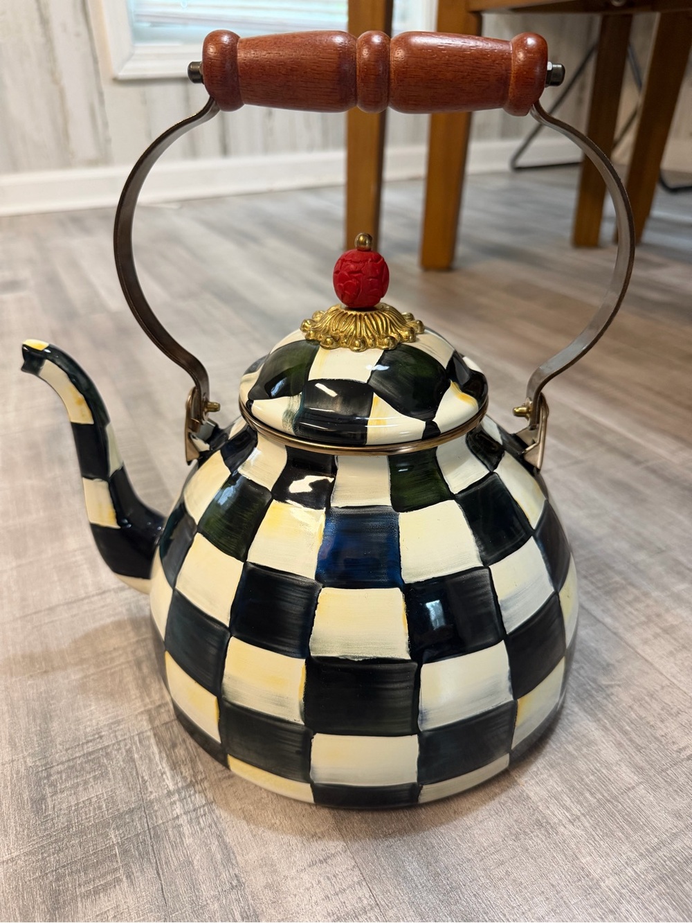 MacKenzie-Childs Courtly Check 4 Qt Tea Kettle Black White EUC